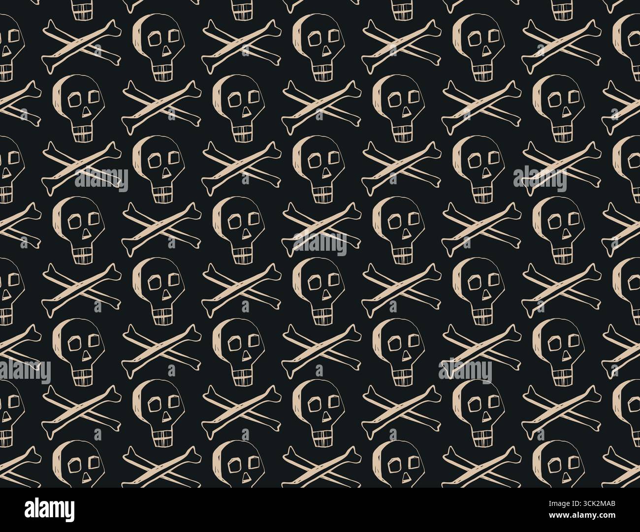 Seamless vector pattern with beige skulls and bones on black background halloween gothic design projects Stock Vector