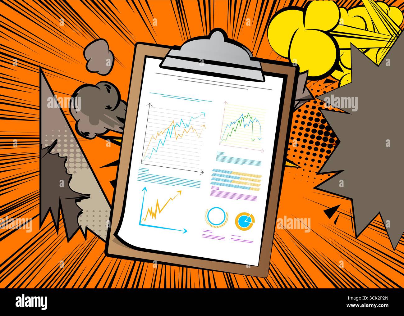 Cartoon business report, comic book research. Retro vector comics pop ...