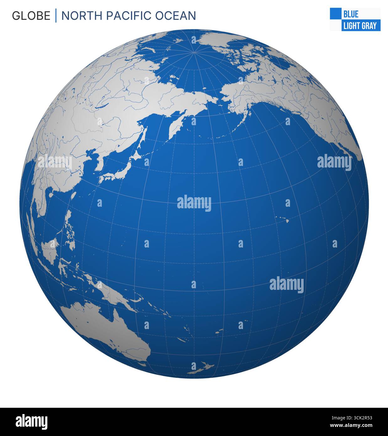 Vector Globe centered to North Pacific Ocean. Blue Light Gray palette ...