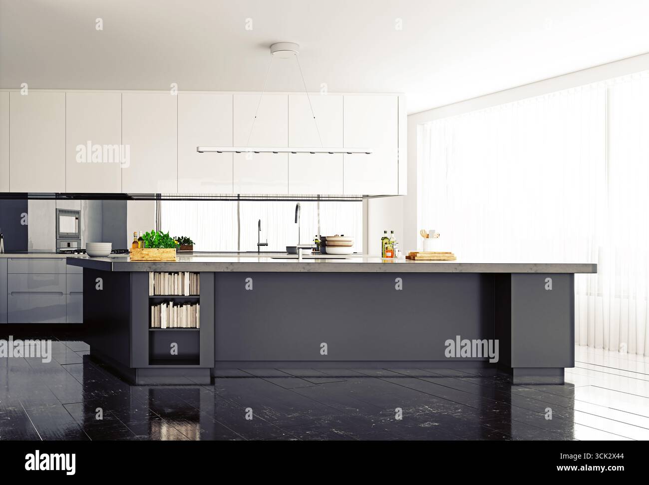 Modern kitchen featuring large central island and bar stools 3D ...