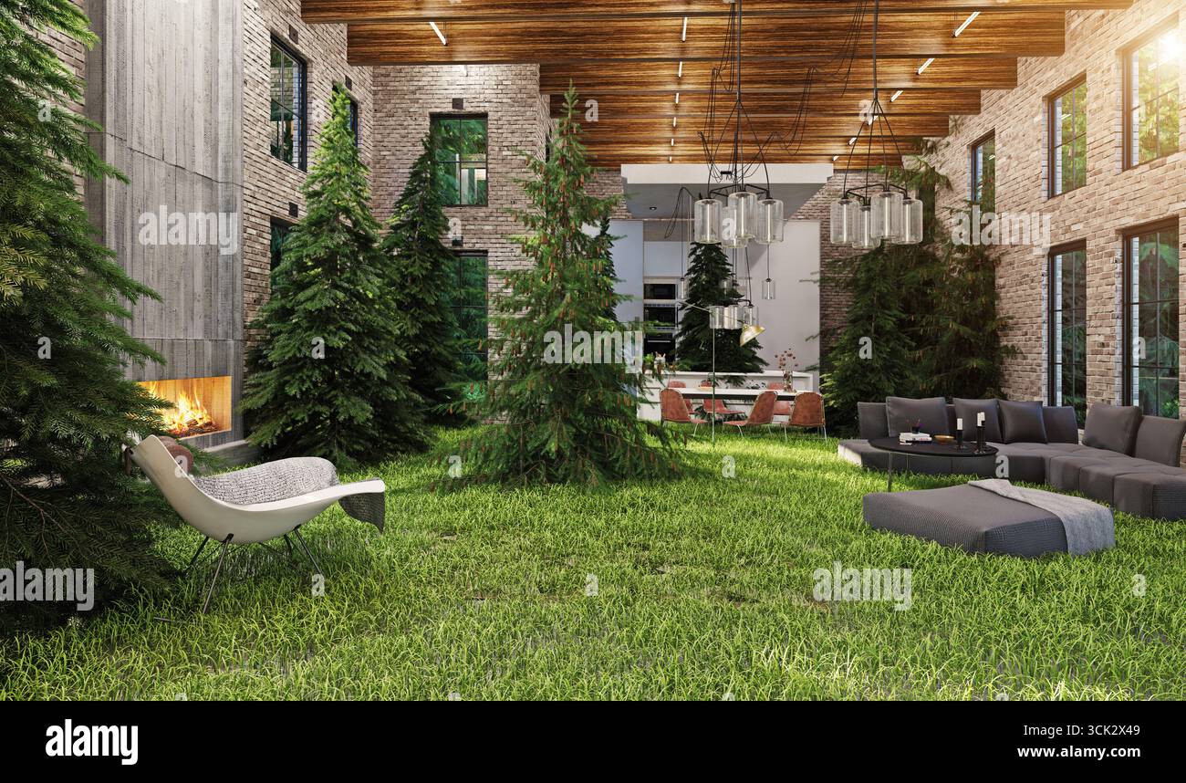 Contemporary residential building courtyard with green areas and ...