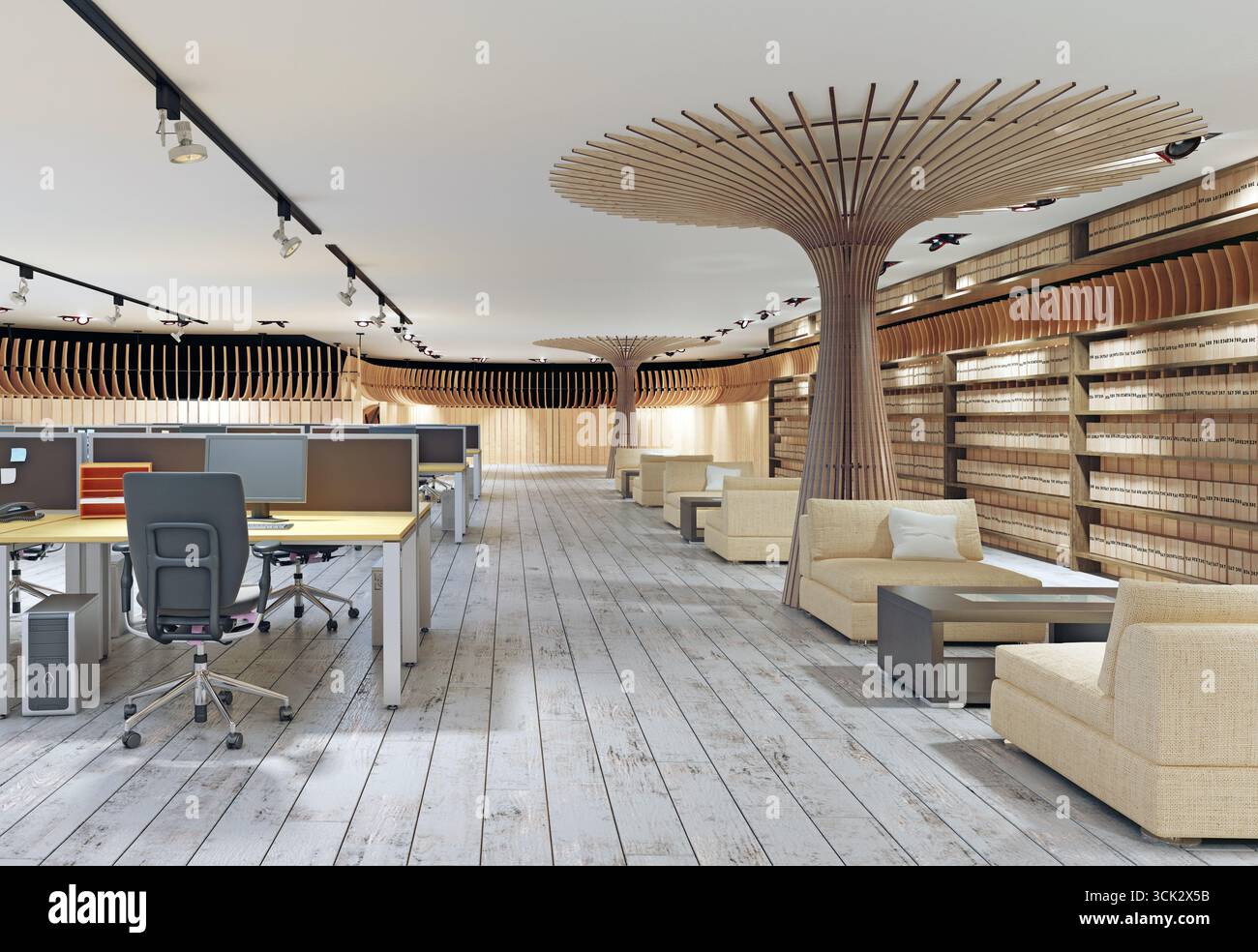 Contemporary office interior with unique ceiling and workspace layout ...