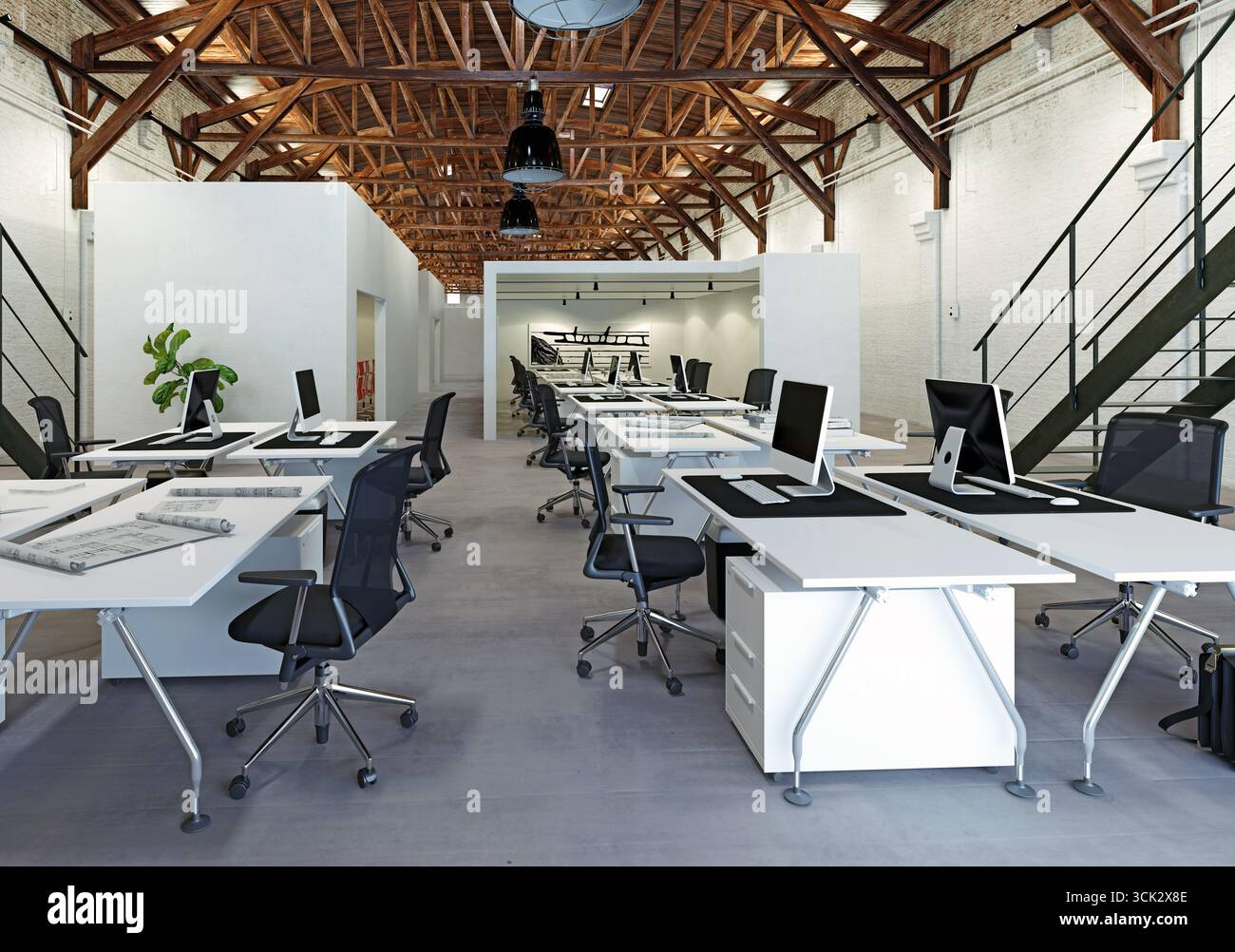 Modern office interior with angular furniture and industrial elements ...