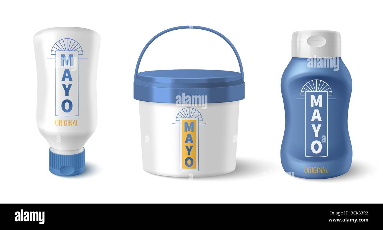 Mayonnaise sauce package set with bottle designs and branded containers for food products. White squeeze tube with cap, bucket with handle and plastic dispenser for condiments. Mayo packaging mockups Stock Vector