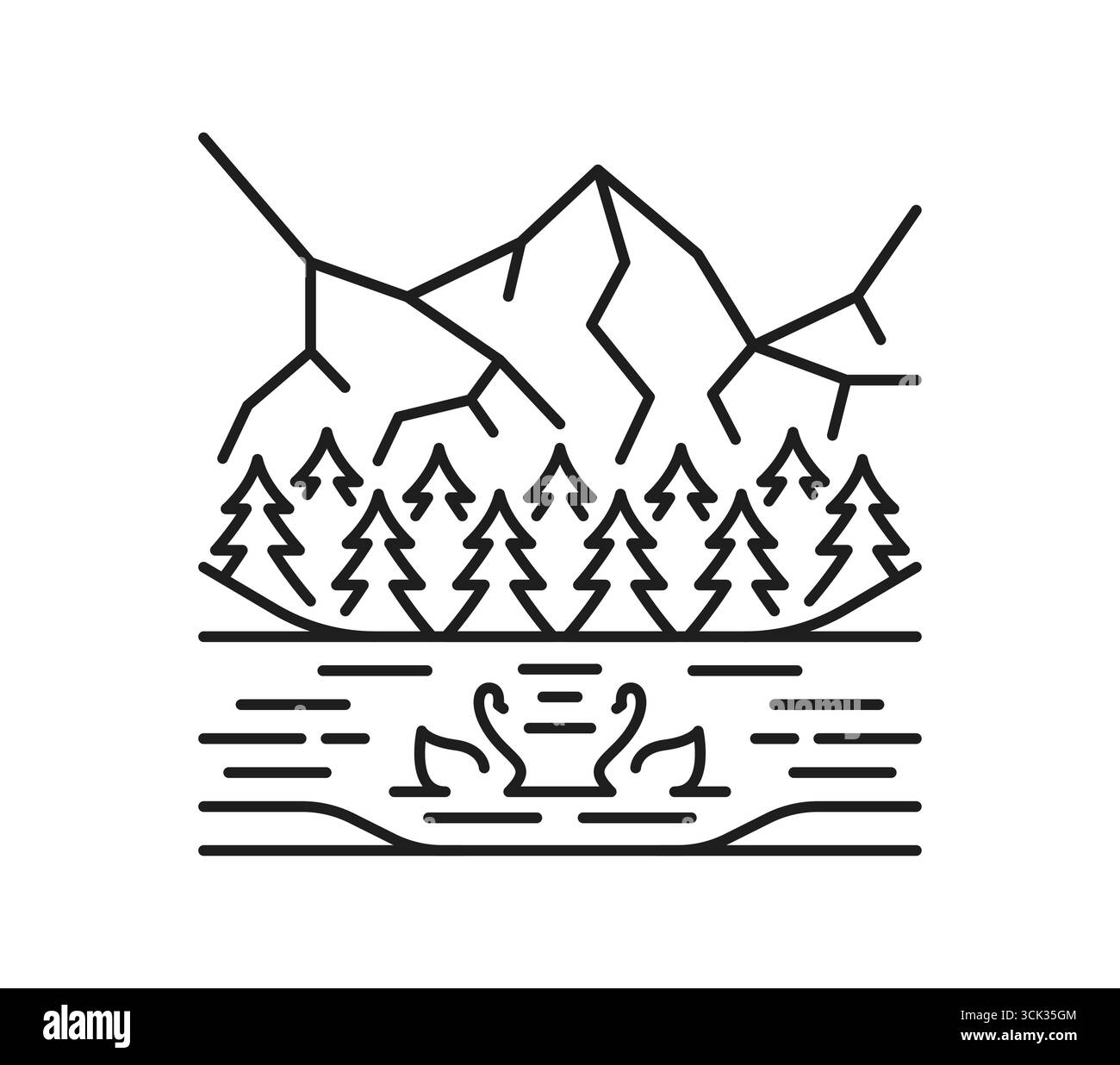 Mountain lake landscape line icon or pictogram. Northern river scenery ...