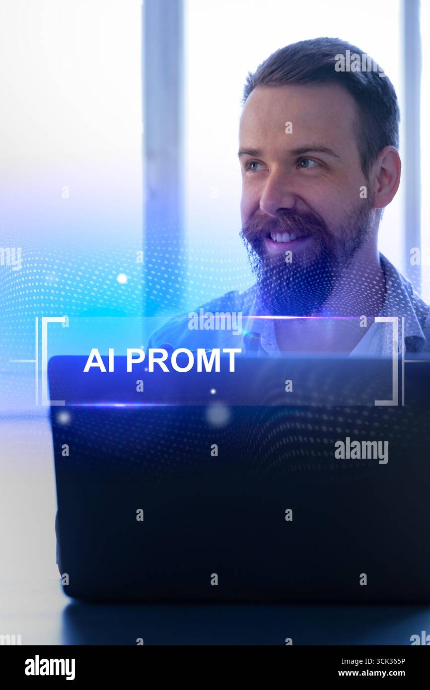 Professional man focused on computer screen while exploring artificial intelligence technologies indoors during daytime Stock Photo