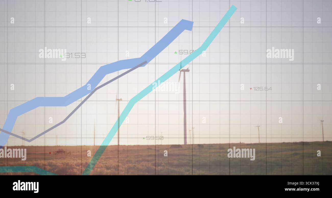 Displaying translucent grid with three line graphs over field with poles at sunset, numeric labels Stock Photo