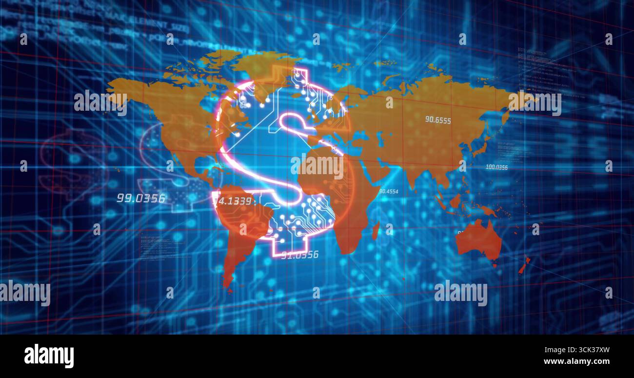 Displaying dollar sign over golden world map, with numeric overlays, circuit traces in digital art Stock Photo