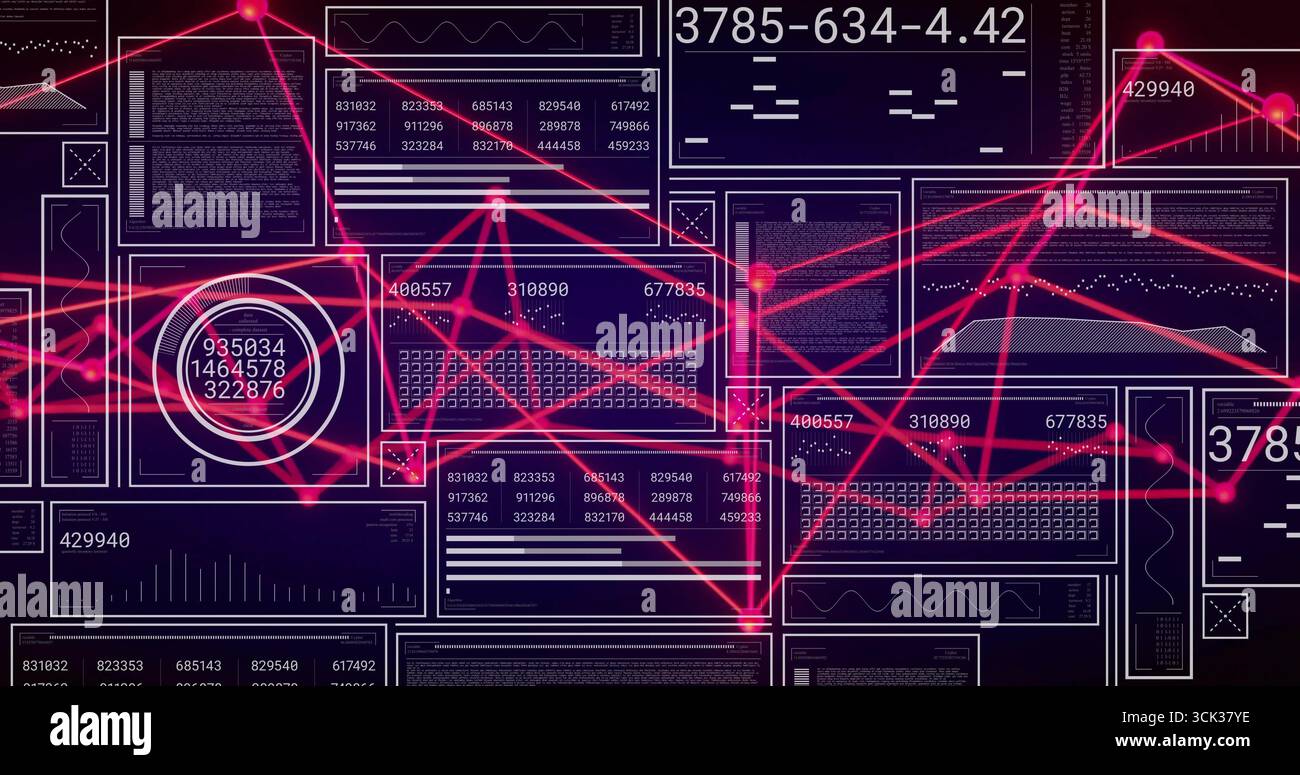 Displaying network graph glowing pink nodes spanning digital dashboard panels, with code blocks Stock Photo