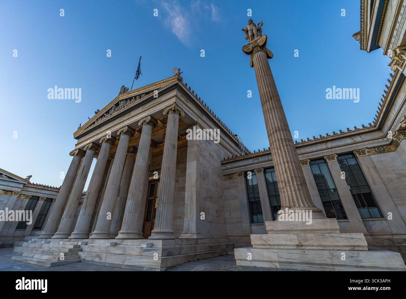Wide angle view of Building of the Academy of Athens, Apollo with lyre ...