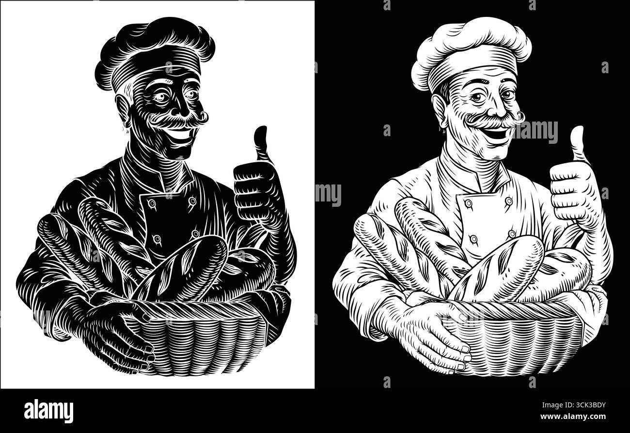 Chef Baker Bread Loaves Basket Bakery Illustration Stock Vector