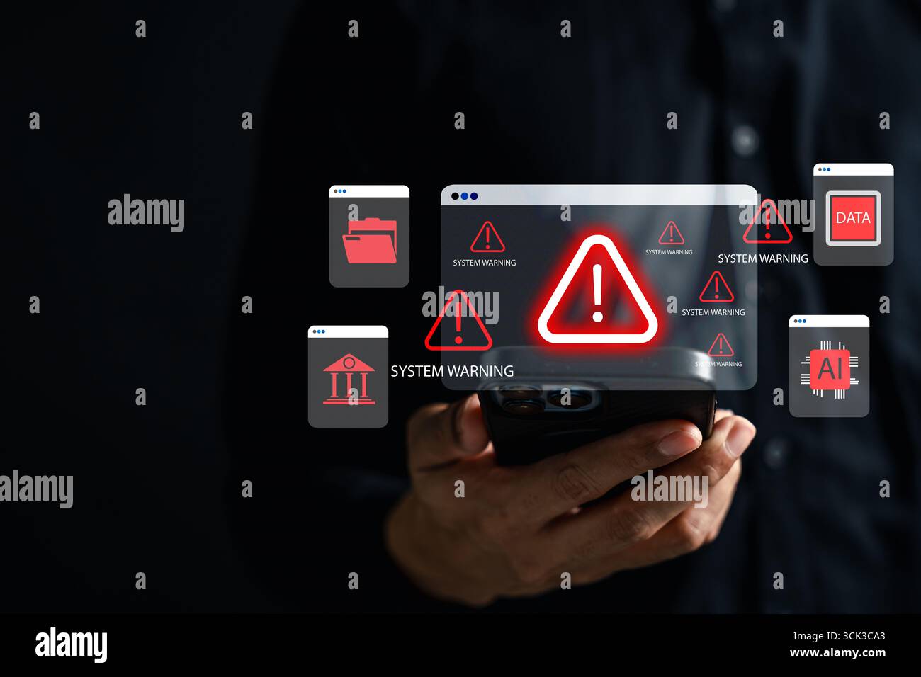 System warning and data security alert with red error cyber attack, malware risk, AI system error Stock Photo