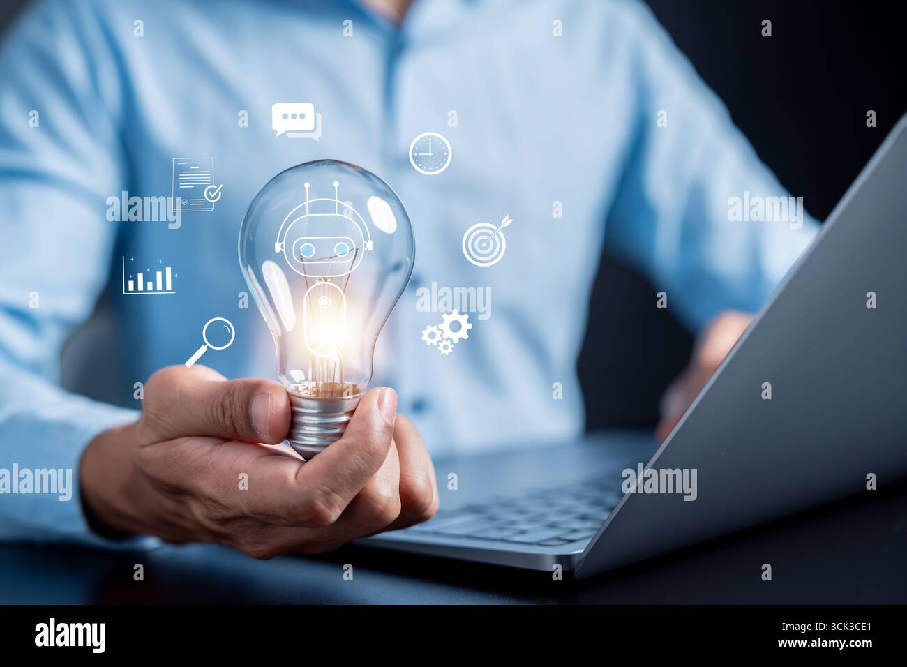 Glowing light bulb with AI robot symbolizing artificial intelligence innovation, smart ideas, data Stock Photo