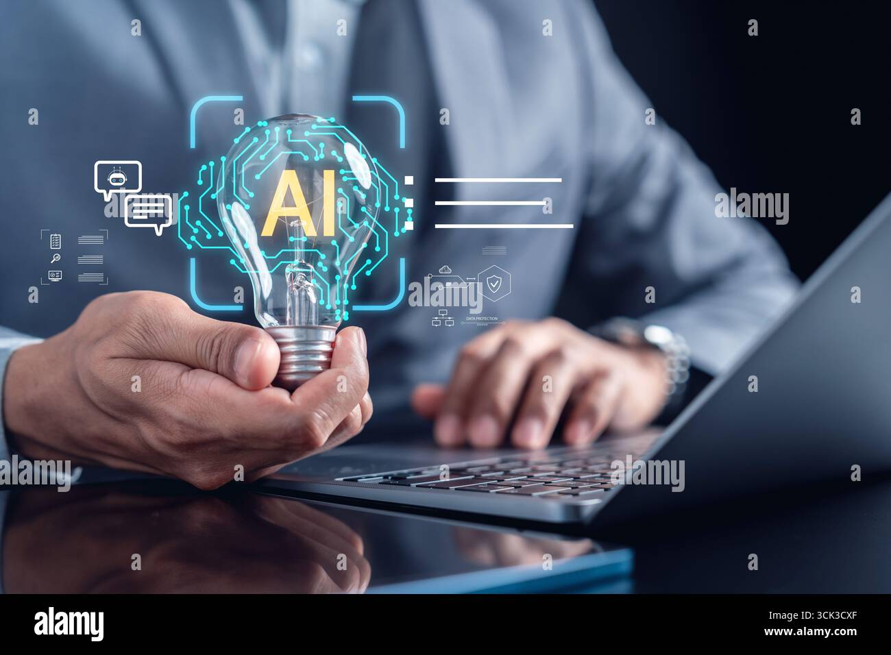 Creative AI workflow glowing light bulb and digital AI brain interface, representing artificial Stock Photo