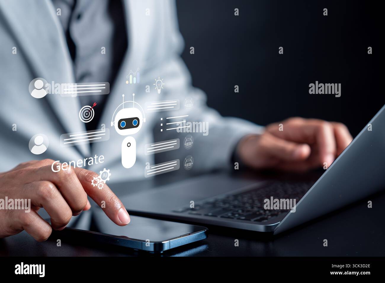 AI chatbot interface with digital assistant on mobile. artificial intelligence conversation Stock Photo