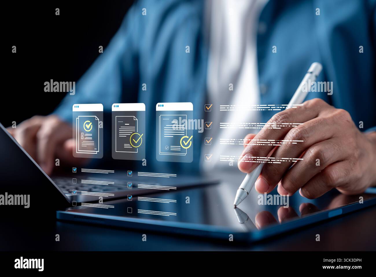 Compliance checklist, document verification, task approval, and audit management concept. files with Stock Photo