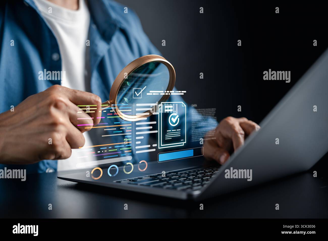 Document analysis, digital checklist, data verification, and online auditing person reviewing Stock Photo