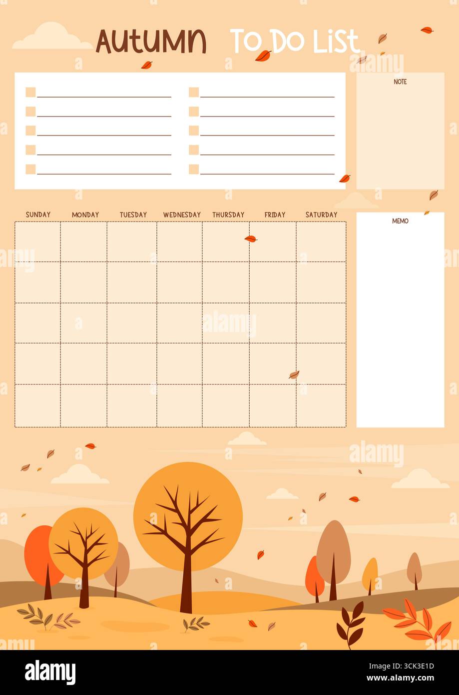 Autumn Planner with Fall landscape. Organizer for grid Calendar Month ...