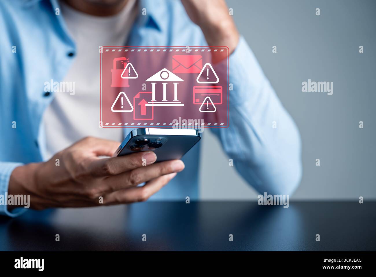 Cybersecurity warning in digital banking. Alert messag, activity or financial scam on mobile device. Concept of online fraud prevention and identity p Stock Photo