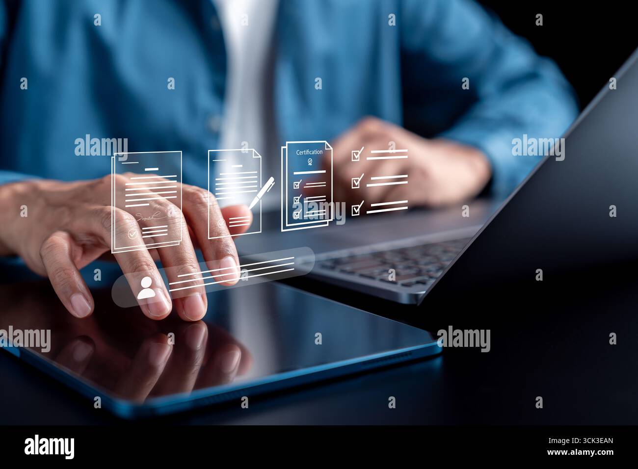 Document planning, task checklist, certification, and workflow management. digital tablet and laptop Stock Photo
