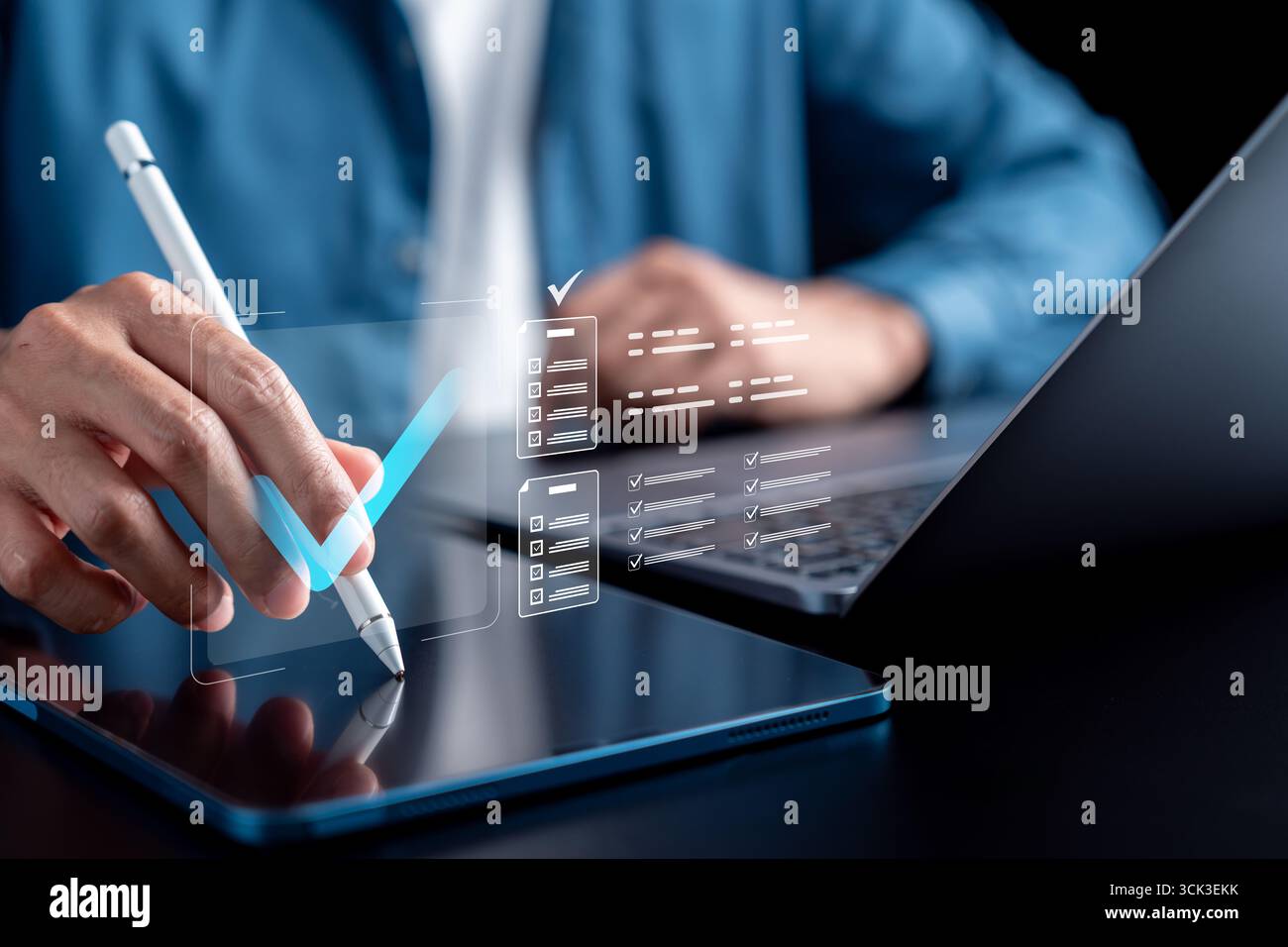 Digital checklist on tablet for task planning, productivity management, online forms, paperless Stock Photo