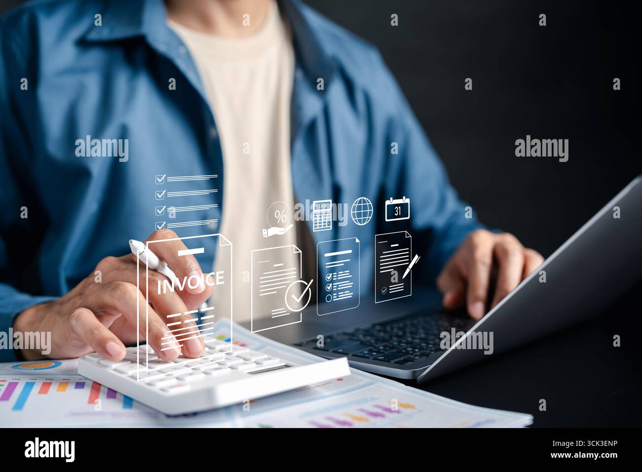Invoice bill and digital accounting concept. Businessman using calculator and laptop with invoice Stock Photo