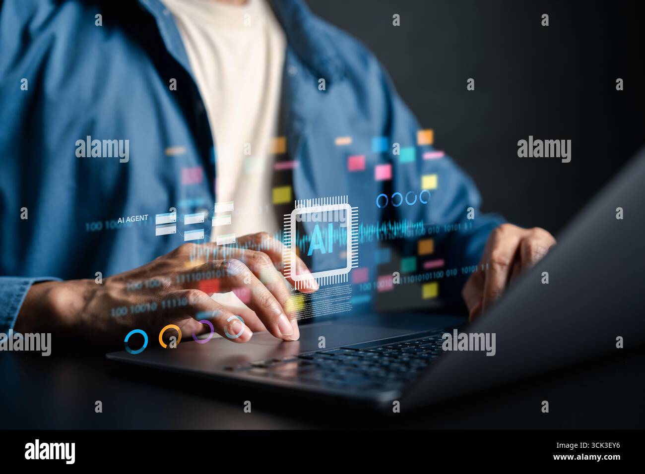 AI digital assistant technology on laptop, artificial intelligence, machine learning, automation Stock Photo