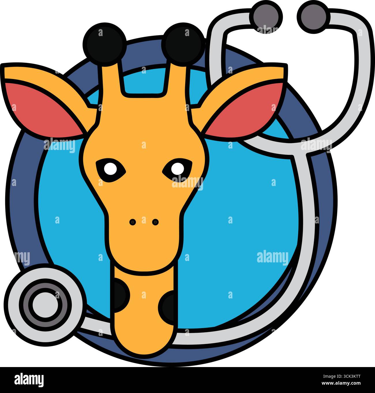 A giraffe with a stethoscope on its head. The stethoscope is on the giraffe's head and is in the center of the image Stock Vector