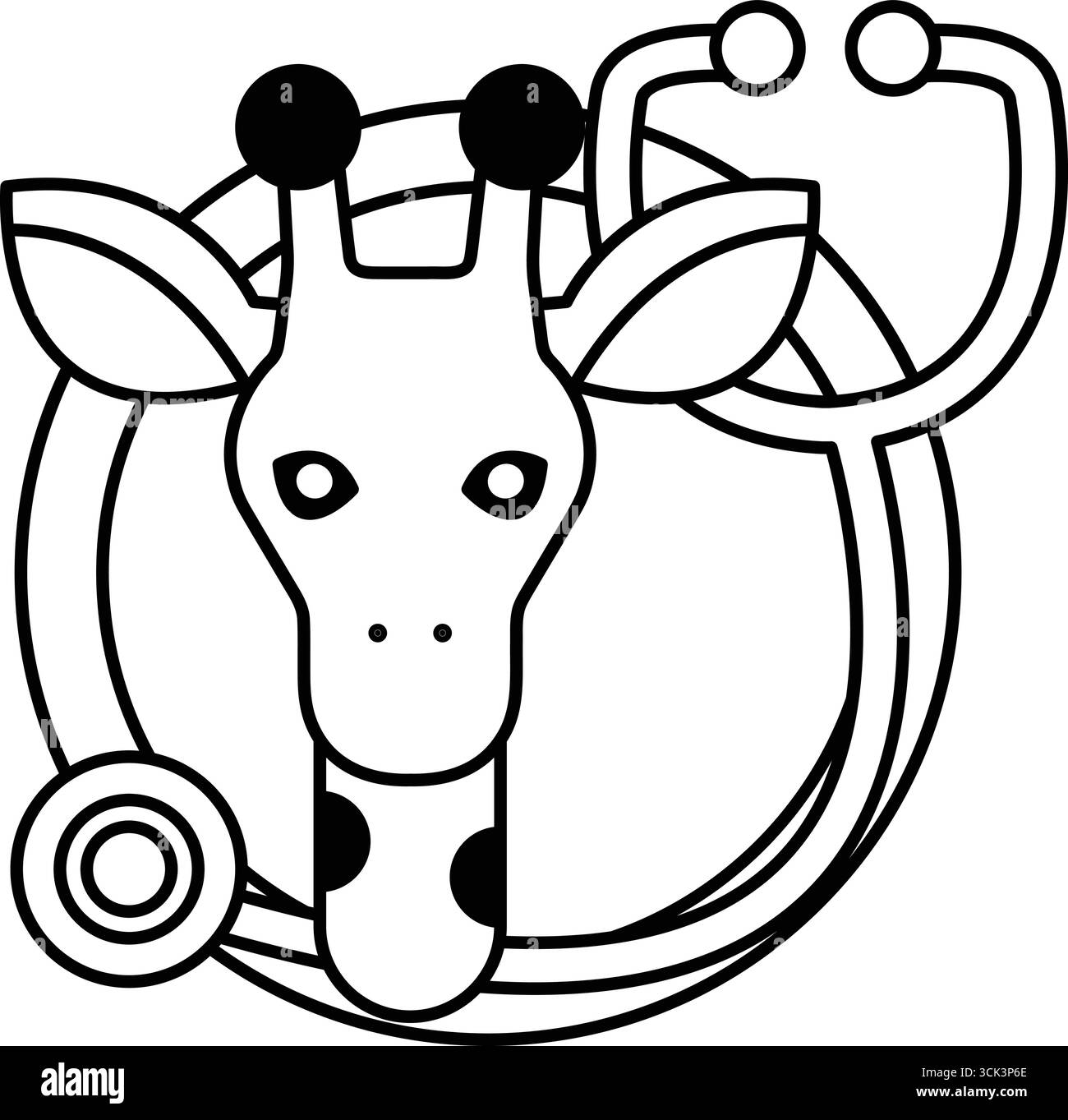 A giraffe with a stethoscope on its head. The stethoscope is on the giraffe's head and is in the center of the image Stock Vector