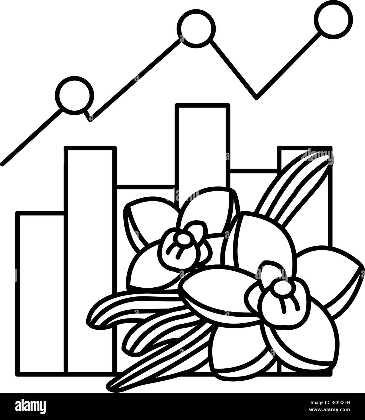 A black and white drawing of a flower with a graph in the background. The graph is a line graph with three lines, and the flower is in the middle of t Stock Vector