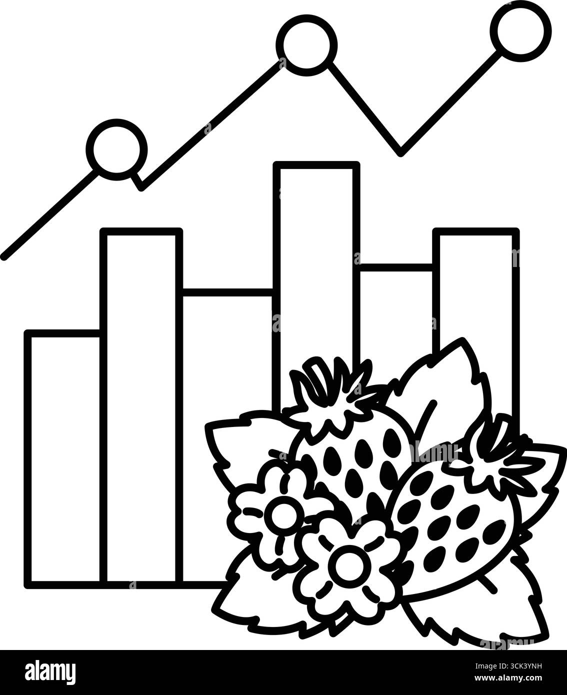 A graph with a line going up and a line going down. A strawberry flower is in the middle of the graph Stock Vector