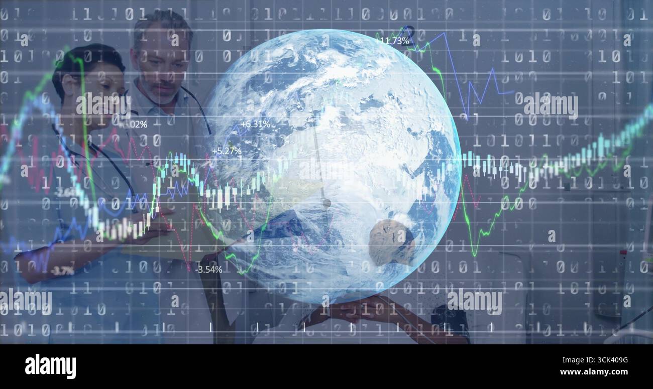 Semi-transparent 3D globe rotating in sleek office space, with floating binary code and line charts Stock Photo