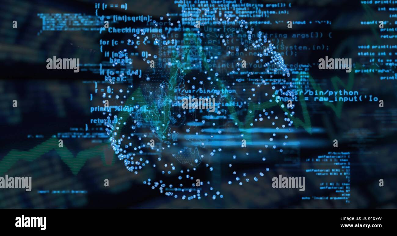 Streaming holographic globe and code fragments in dashboard, showing data clusters and green graph Stock Photo