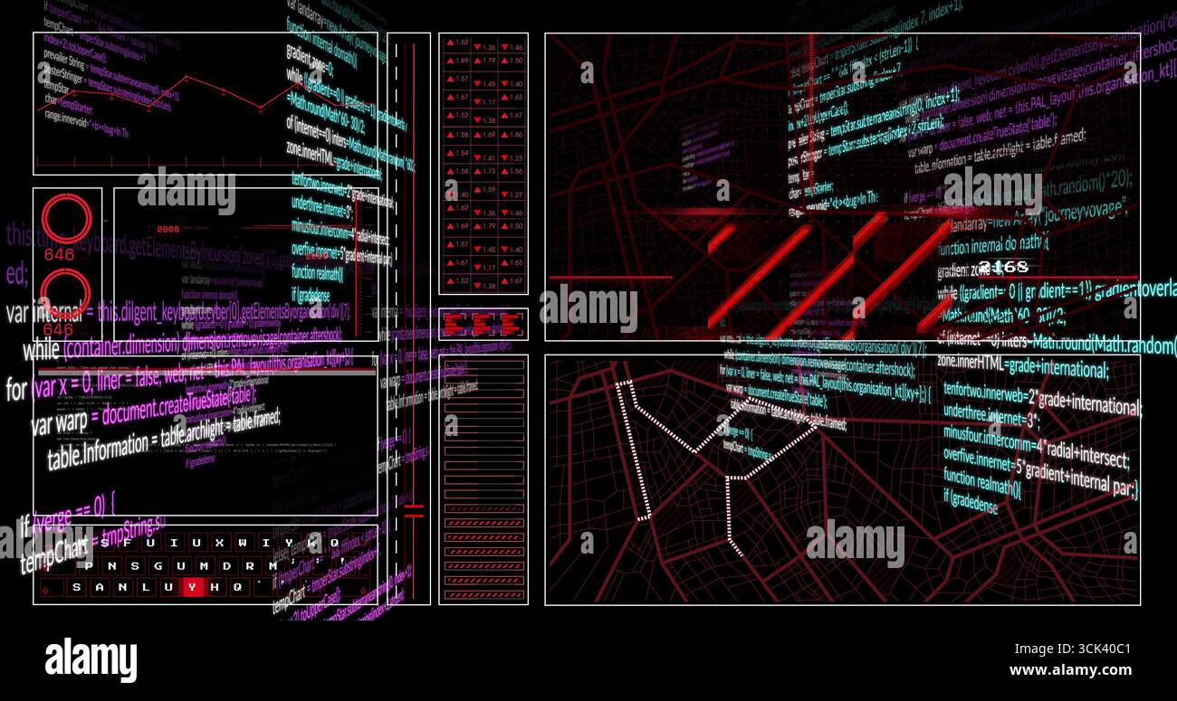Multipanel interface displaying code, charts, wireframe map and red network grid on tech console Stock Photo