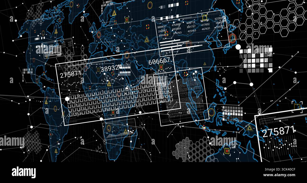Displaying digital world map overlaying interface, with data panels, hex grid, warning icons Stock Photo