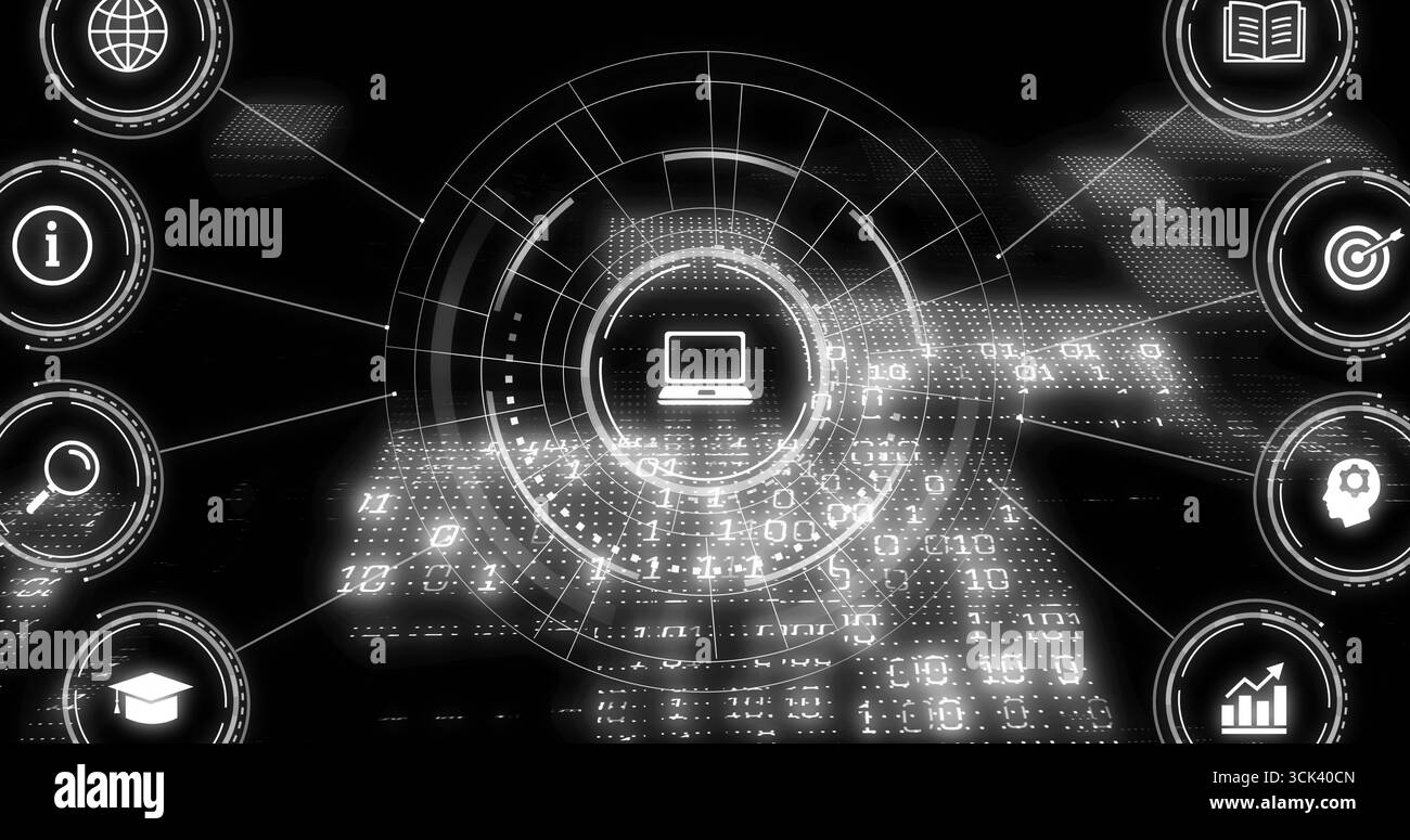 Displaying central laptop icon within grid at virtual interface, with ...