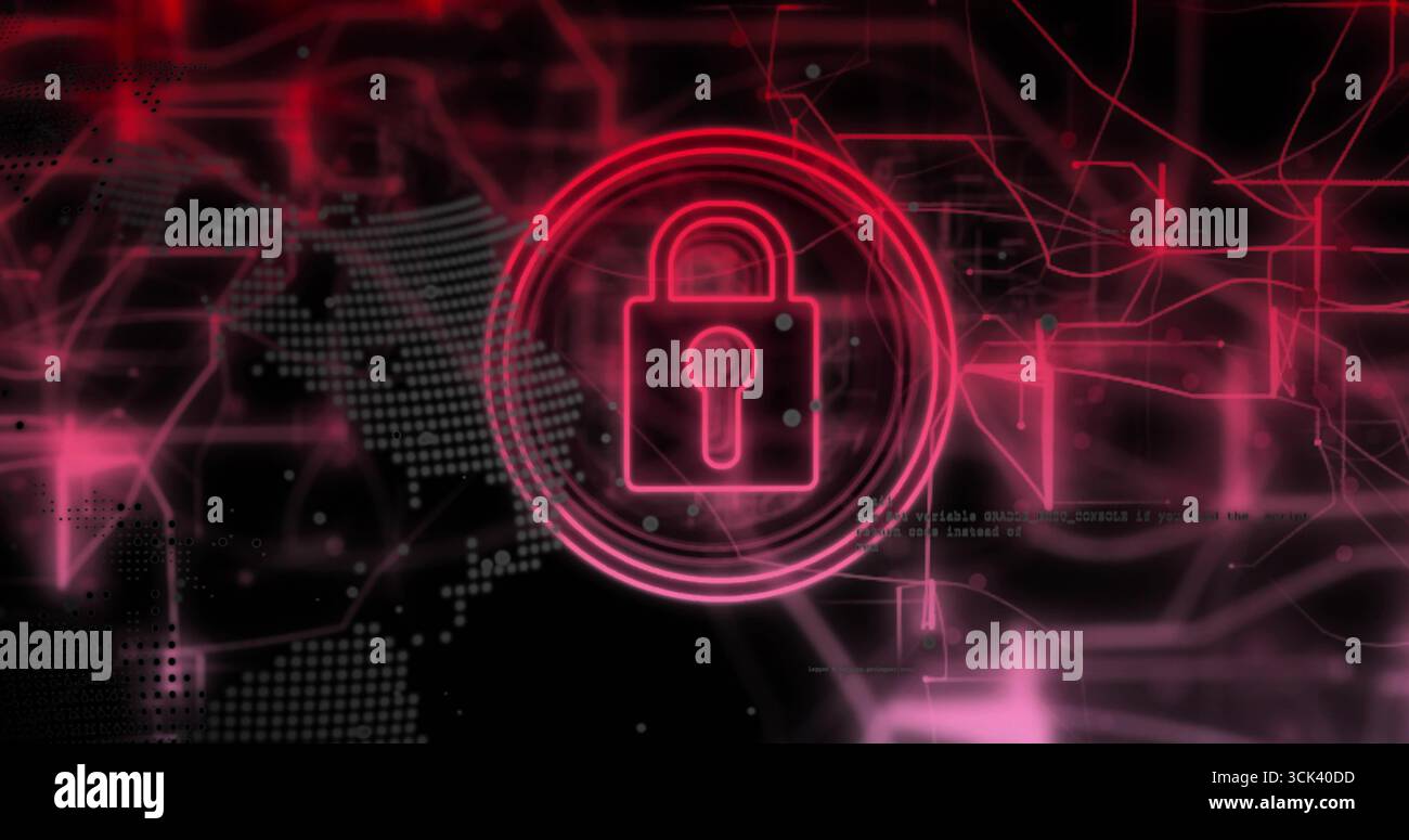 Displaying pink padlock icon glowing in virtual security interface with map and network connections Stock Photo