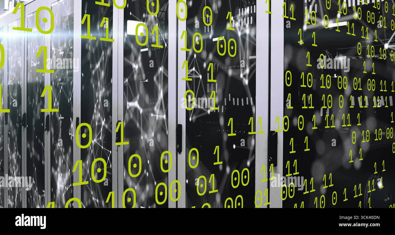 Glowing server cabinets displaying network graphic in data center room, with binary code overlay Stock Photo