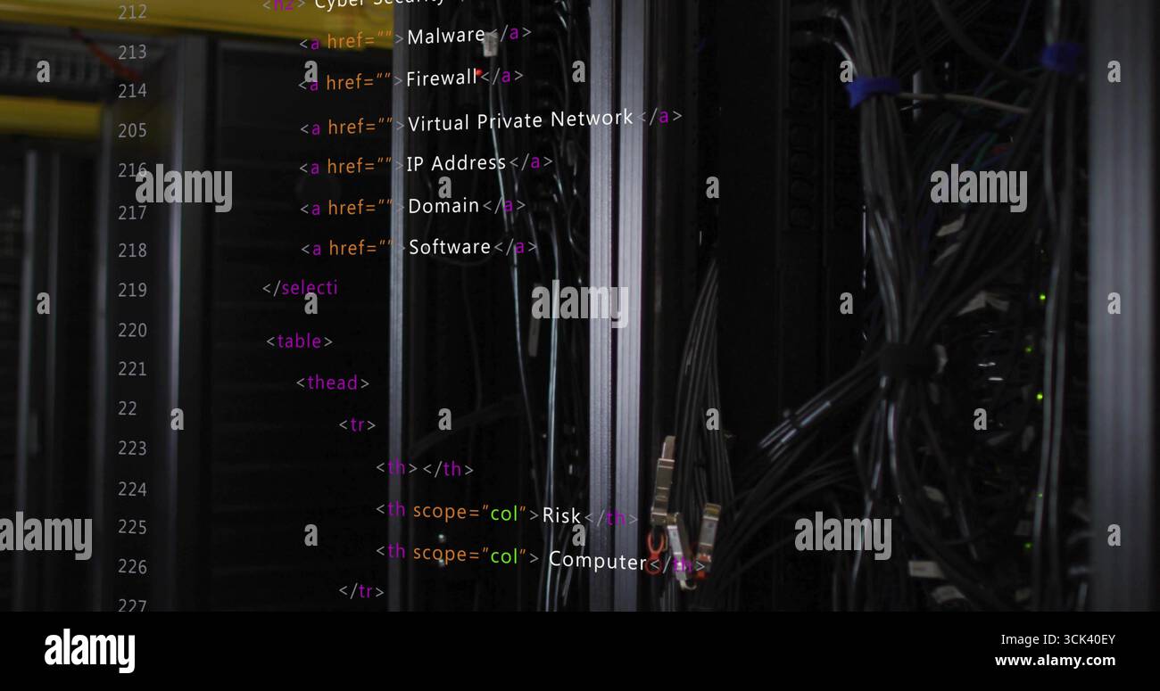Displaying server rack hosting cables, RJ45 connectors in data center with HTML overlay, LED lights Stock Photo
