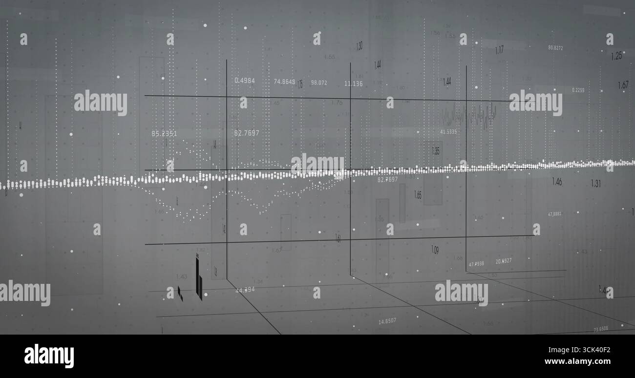 Displaying horizontal dotted waveform line spanning grid plane, with numeric labels and particles Stock Photo