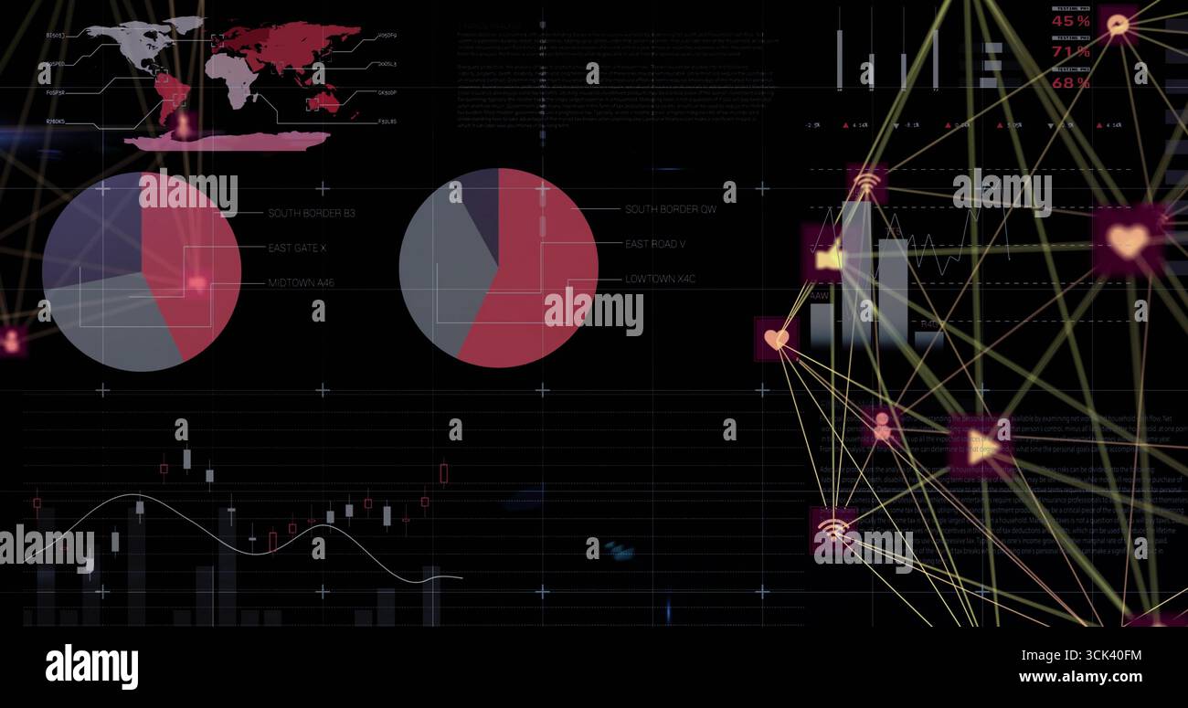 Displaying UI showing world map, pie charts, candlestick chart, bars and network nodes, copy space Stock Photo