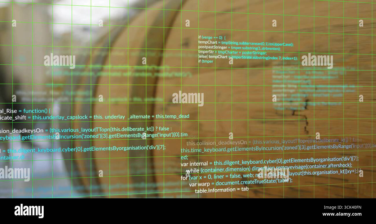 Displaying floating transparent coding interface overlay at desk, with green grid and code snippets Stock Photo