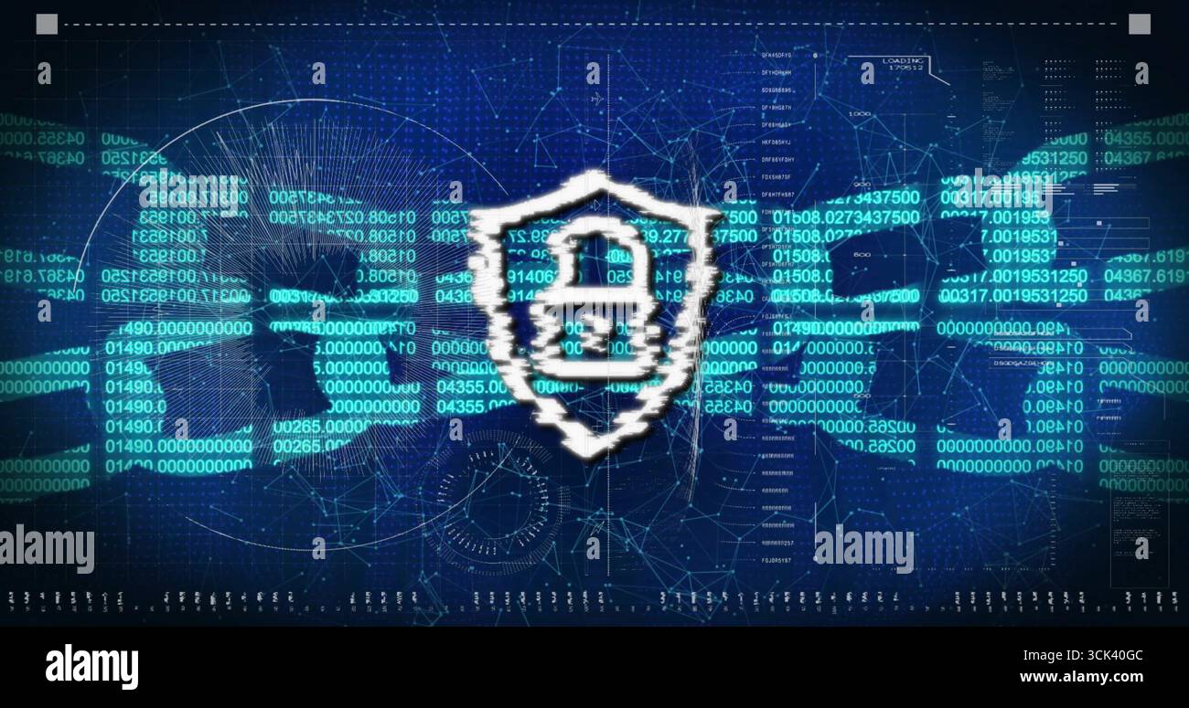 Displaying pixelated white shield icon with keyhole protecting digital network, with binary streams Stock Photo