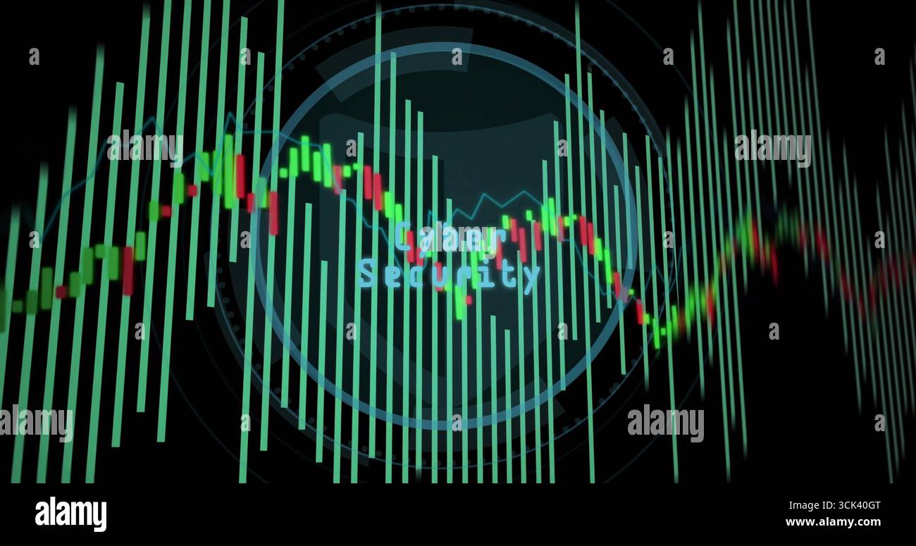 Displaying central Cyber Security interface on screen, featuring candlestick, green bars, gridlines Stock Photo