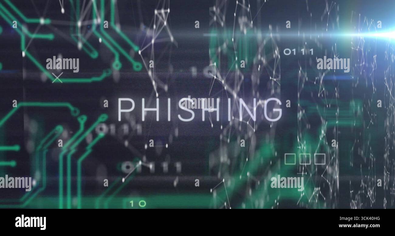 Displaying PHISHING text on cyber backdrop, green circuit, node network, binary digits, lens flare Stock Photo