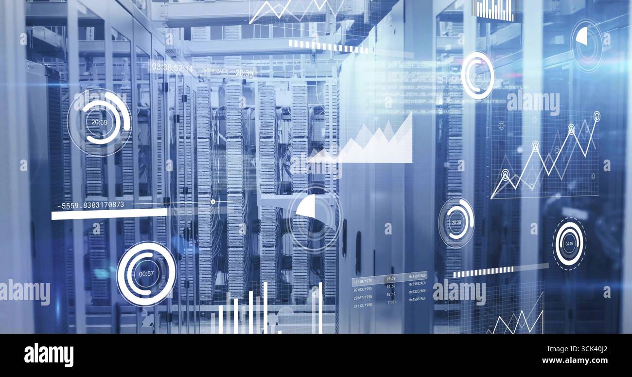 Showing server rack cluster displaying digital analytics at data center, with switches and cabling Stock Photo