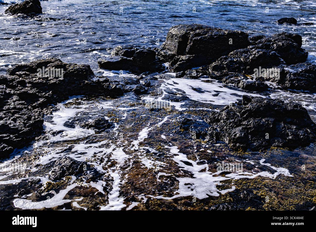 Ocean waves create white foam as they wash across rugged black rocks on ...