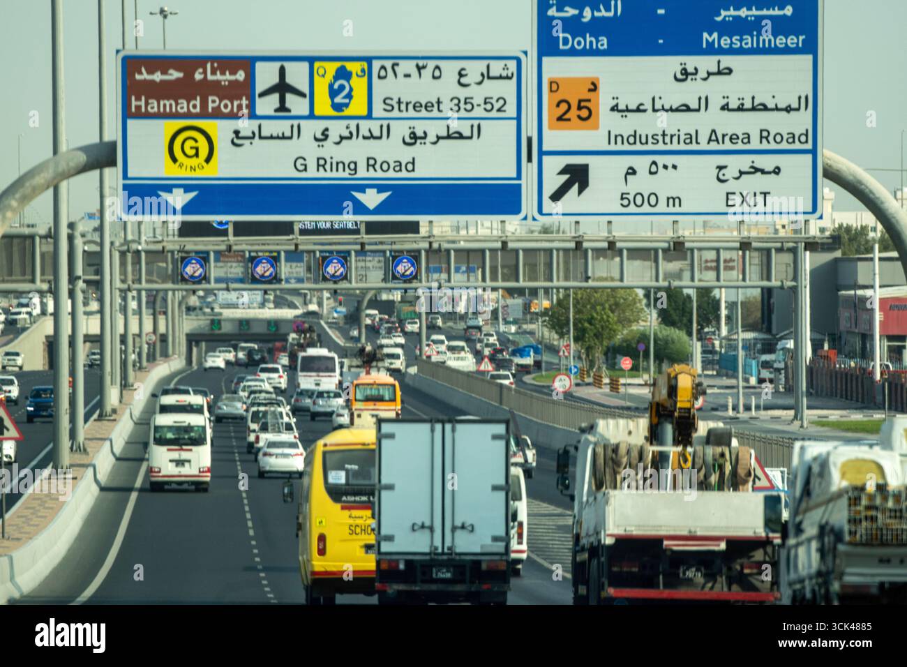 Doha, Qatar - September 07, 2025: Doha Traffic. Roads and sign board on ...