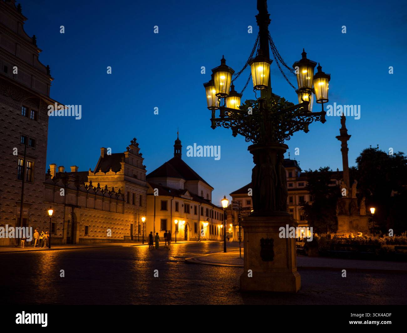 Nighttime, Gas lamp on Hradčany Square, Prague Castle, Prague, Europe, EU. Stock Photo