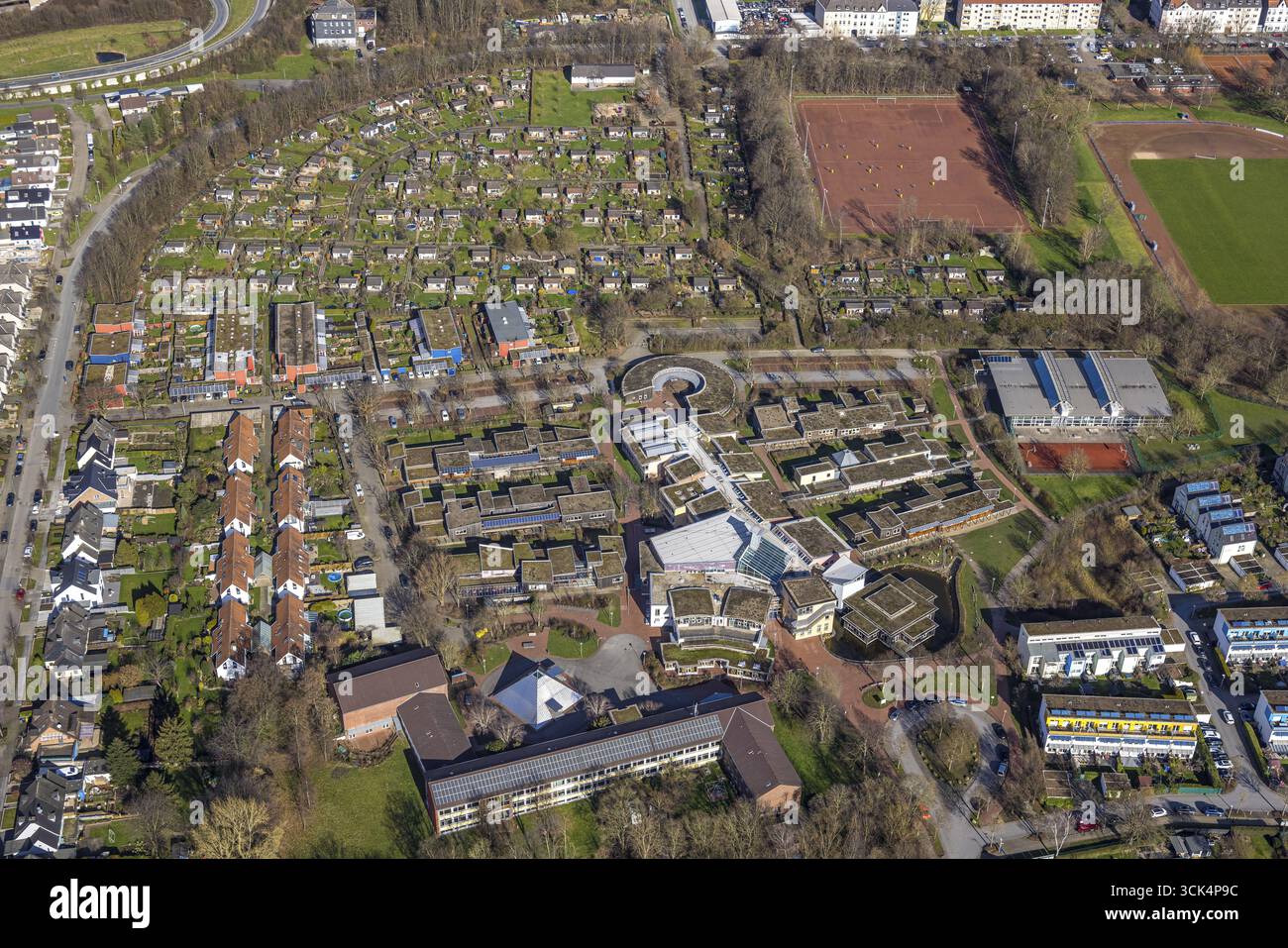 Aerial view, Evang. Comprehensive school Bismarck (EGG), sports facility and sports hall Trinenkamp, sports field ash field and football players, allo Stock Photo